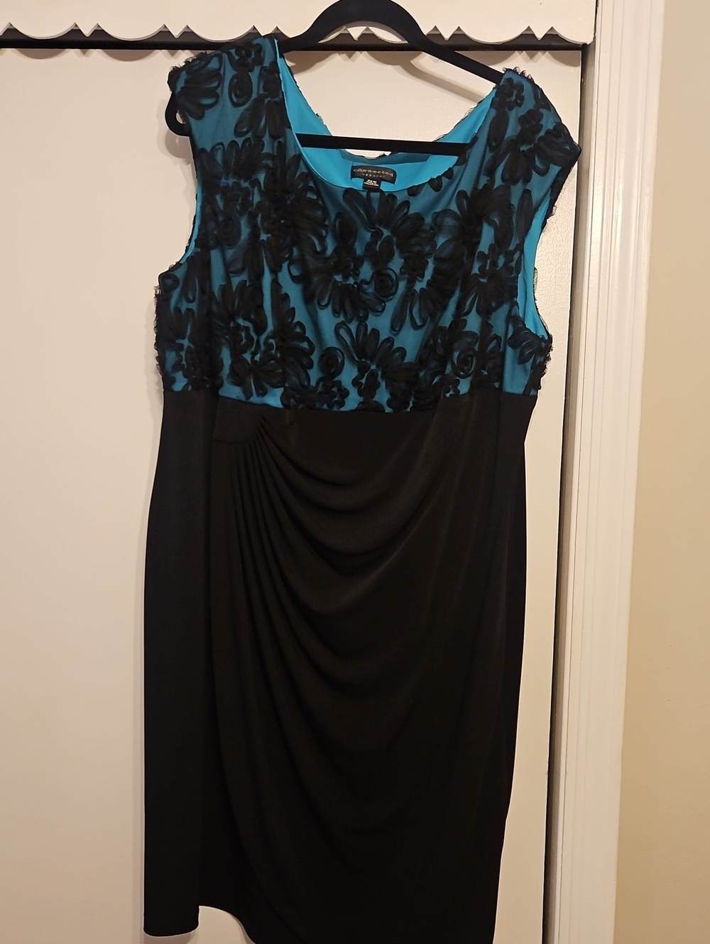 Connected Teal Bodice with Black Draped Midi Dress